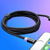 Black braided cable with a metallic connector next to a smartphone on a blue and purple gradient background.