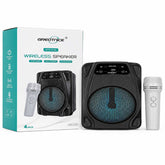 A GREATNICE wireless speaker set including a black portable speaker with blue LED accents, a white handheld microphone, and the product packaging box on a white background.