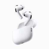 White wireless earbuds with charging case on a white background.