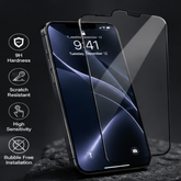 Two clear tempered glass screen protectors shown over a black smartphone on a dark textured surface, with feature icons and text listing 9H hardness, scratch resistance, high sensitivity, and bubble-free installation.