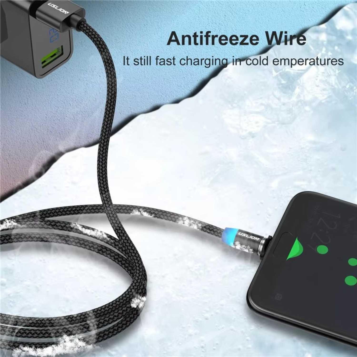Phone charging cable with 'Antifreeze Wire' text on a snowy background.