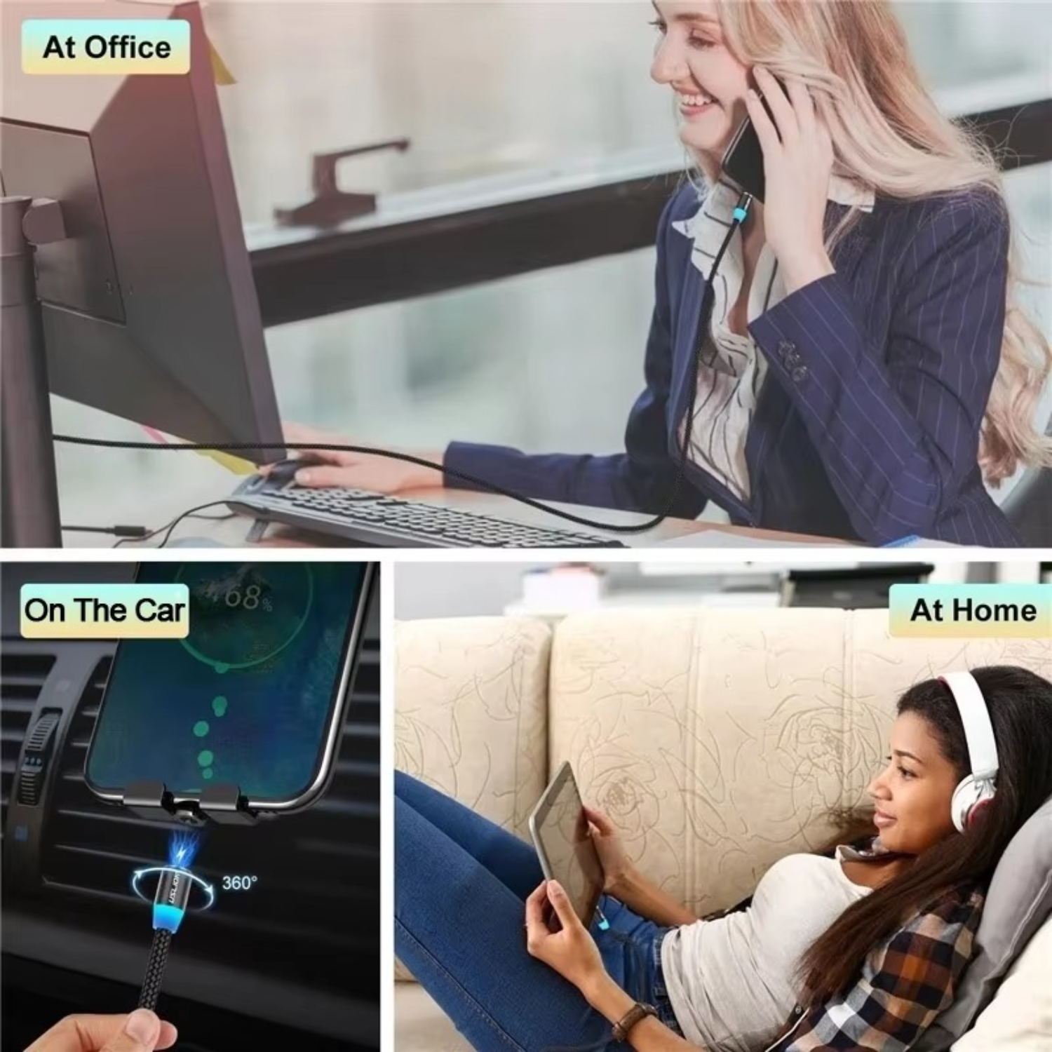 Collage of a woman at office, on car, and at home using a phone holder.