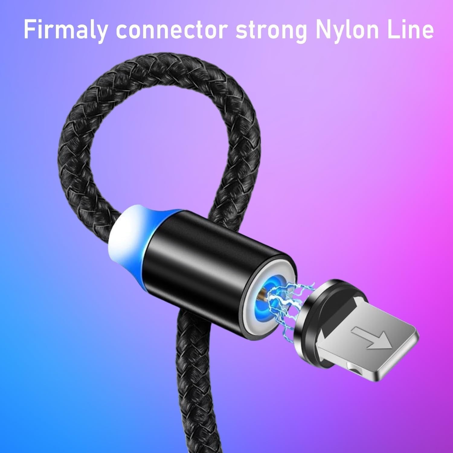 Black braided cable with a metallic connector on a gradient blue and purple background