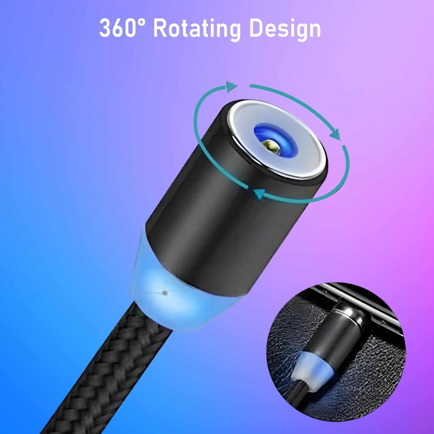 360-degree rotating design of a cable connector with close-up on a gradient blue and purple background.