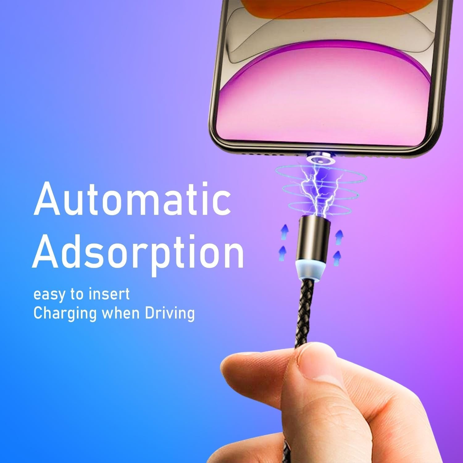 Hand holding a charging cable with text 'Automatic Adsorption' and 'easy to insert Charging when Driving' on a blue and purple gradient background.
