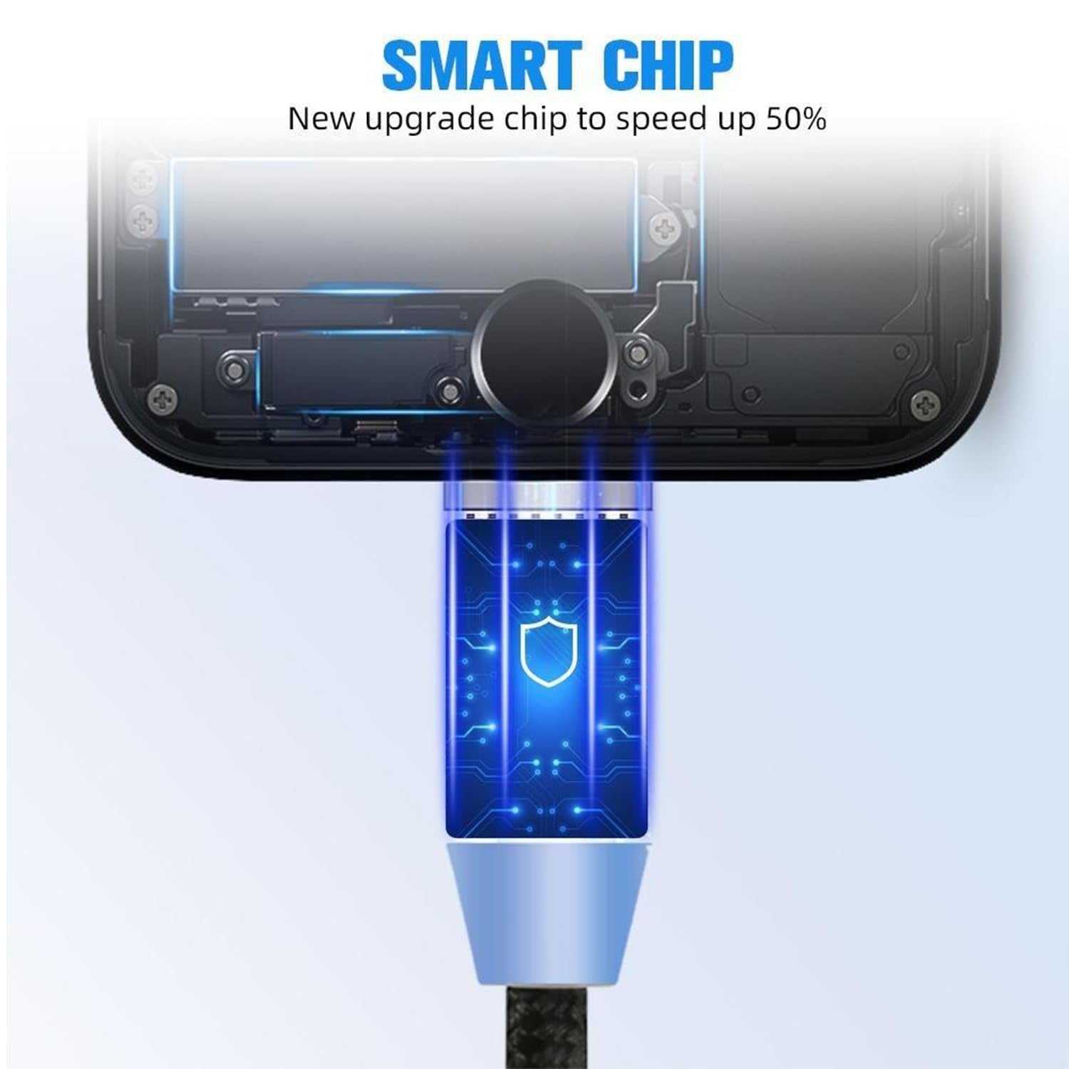 Smart phone charger with a smart chip upgrade labeled on a white. background