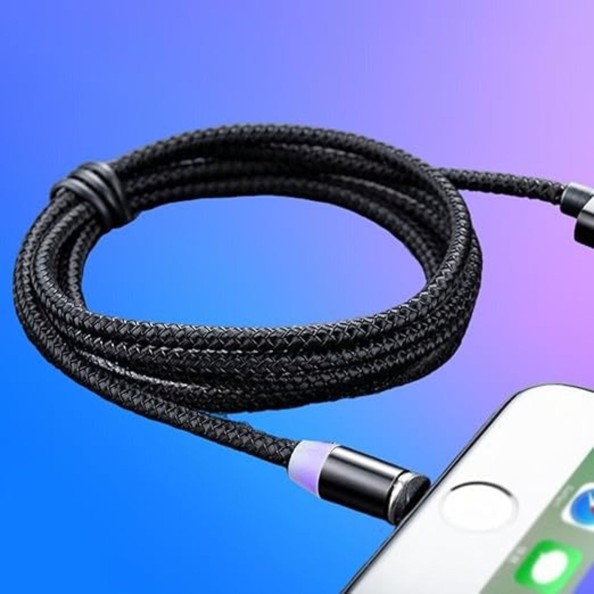 Black braided cable with a metallic connector next to a smartphone on a blue and purple gradient background.