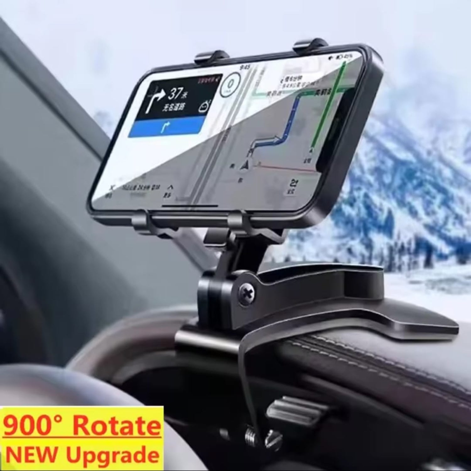 Car phone holder with a mounted smartphone displaying a navigation app, with a snowy landscape outside the car window.