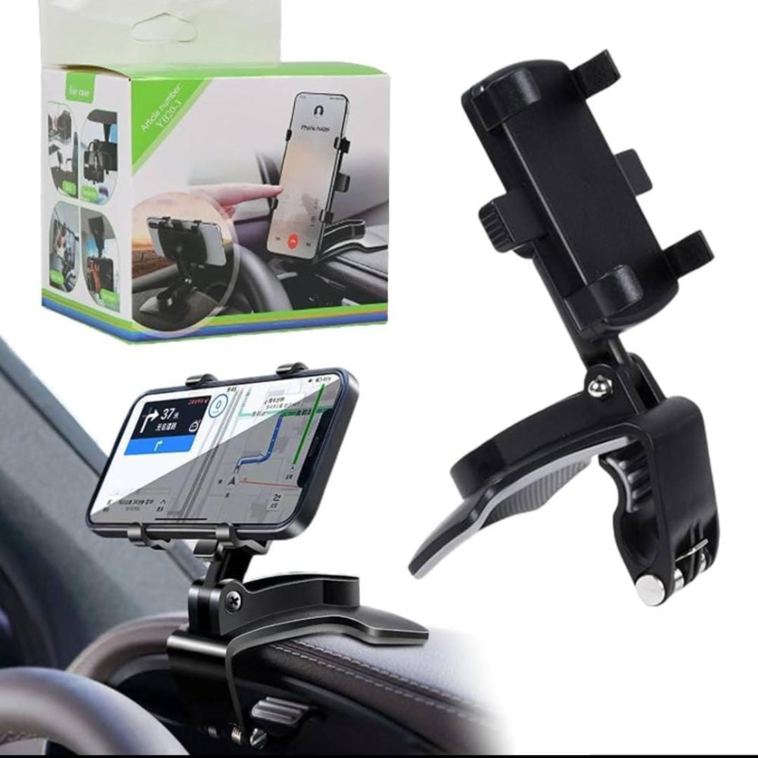 Car phone holder with smartphone displaying navigation app, next to packaging showing product use.