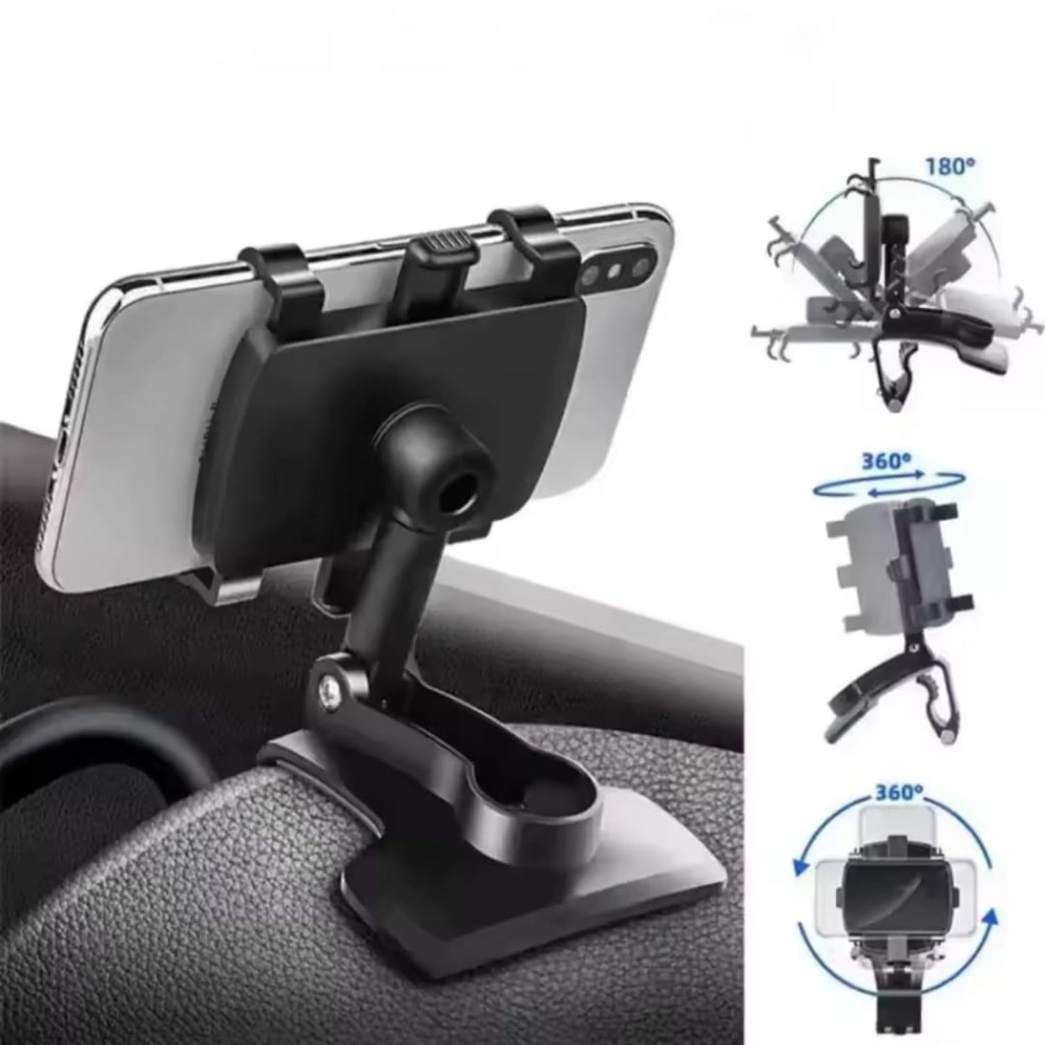 Car phone holder with 360-degree rotation feature on a white background.
