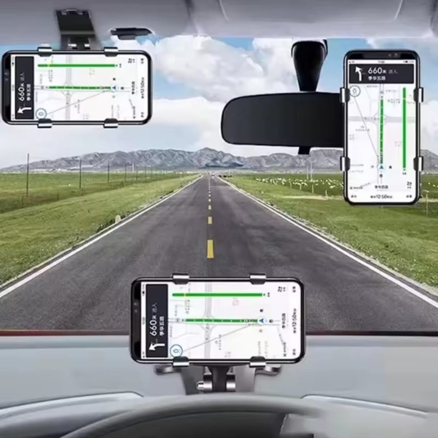Three smartphone holders on a car dashboard with a road and sky background.