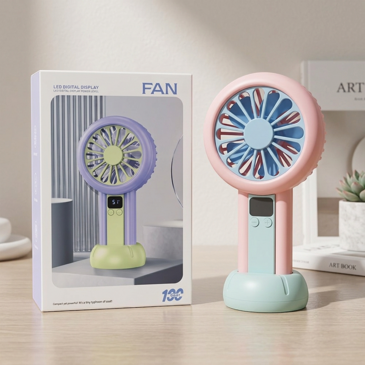 Colorful handheld fan with packaging on a wooden surface.