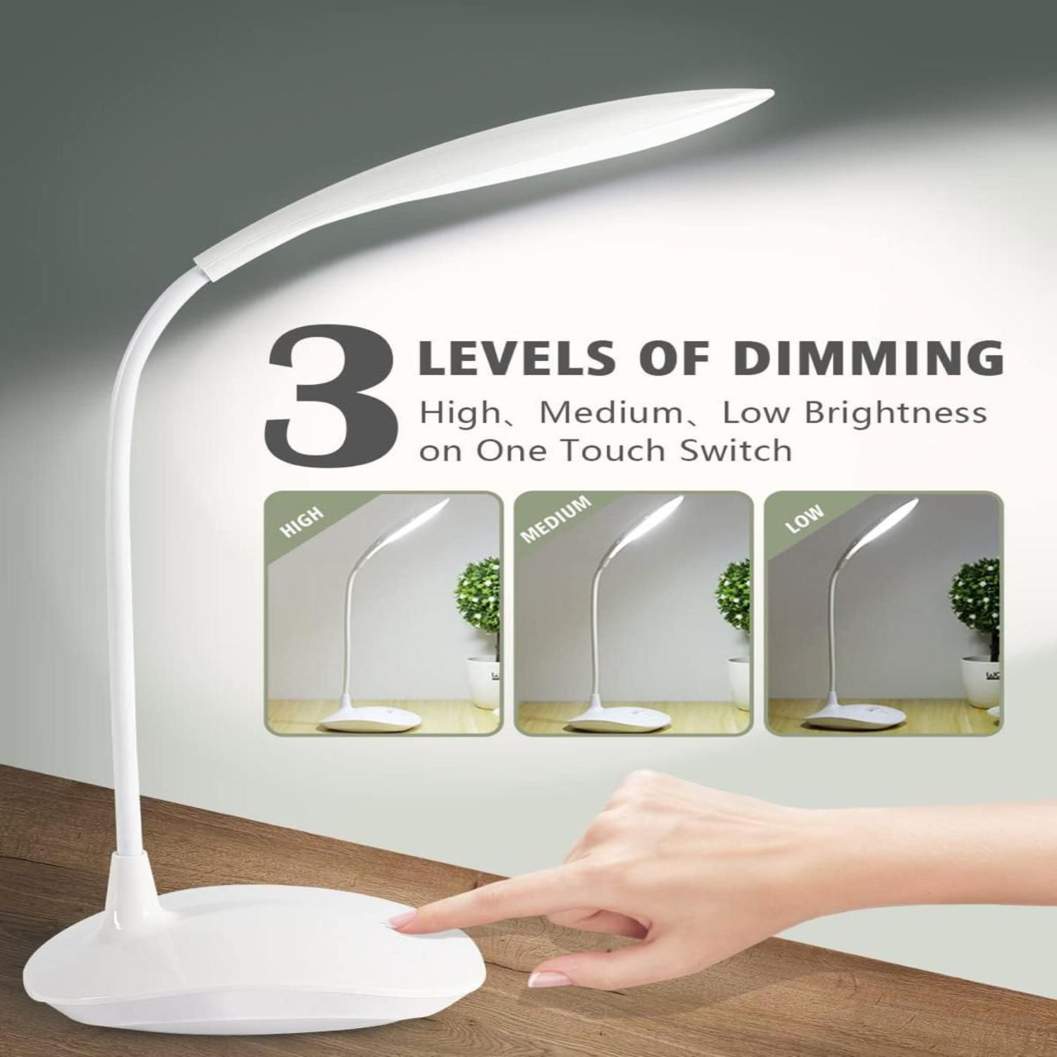 White desk lamp with three levels of dimming indicated by a hand adjusting the switch.
