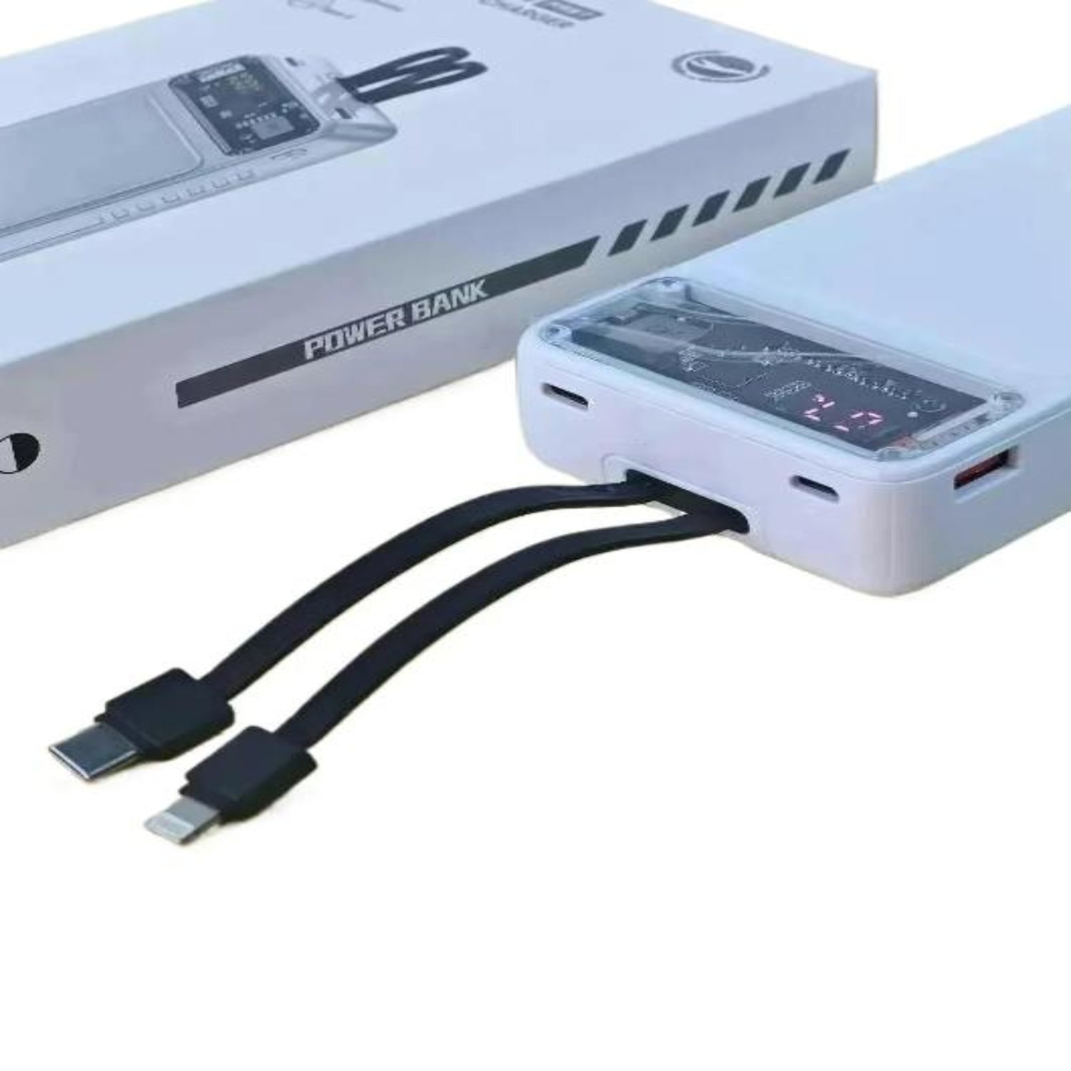Power bank with USB cables on a white background.