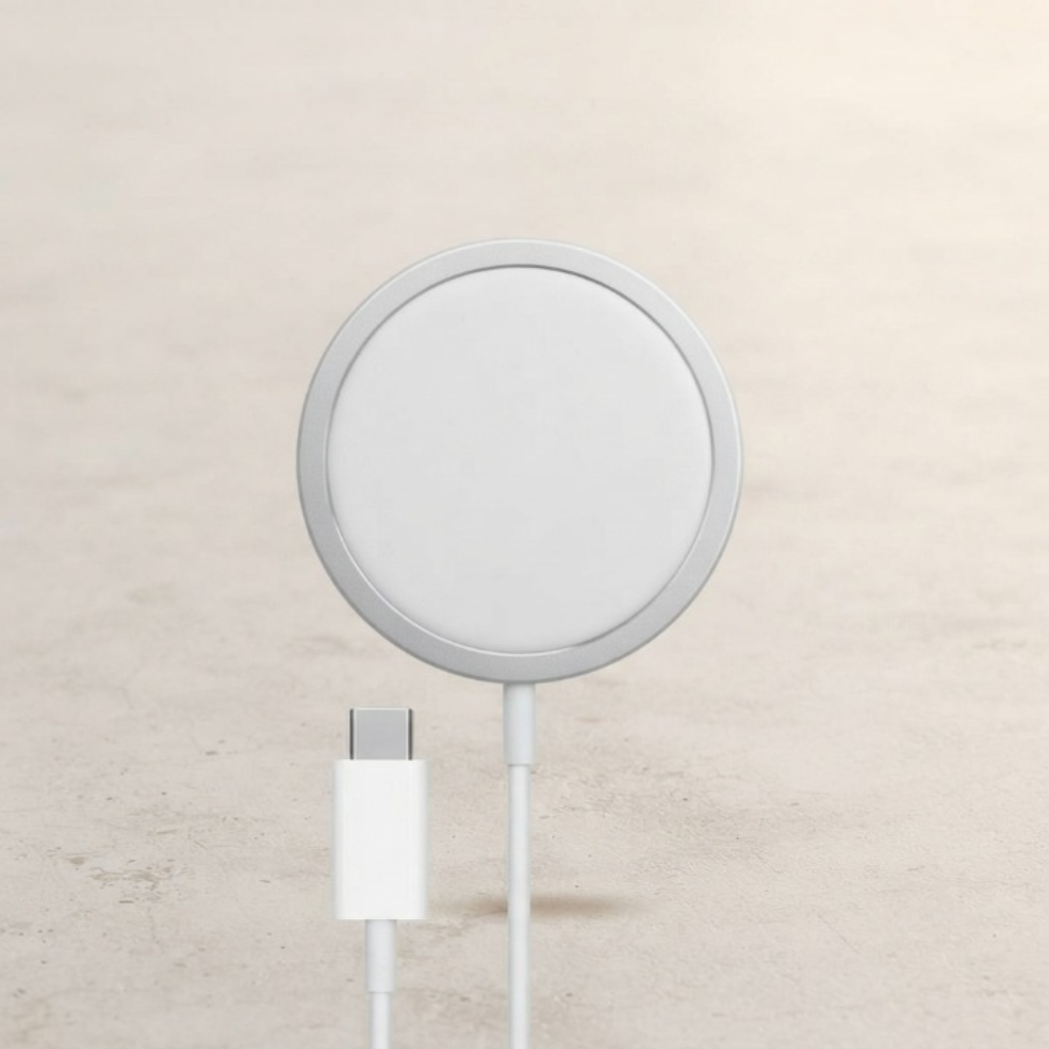 A white wireless magnetic charging pad with a USB-C cable, shown on a light beige textured background.