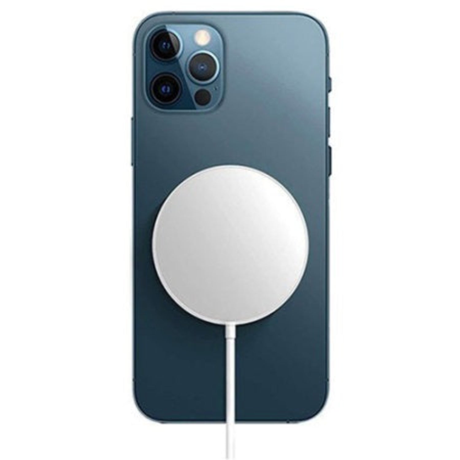A dark blue iPhone with a white MagSafe wireless charging case attached to its back, shown against a plain white background.
