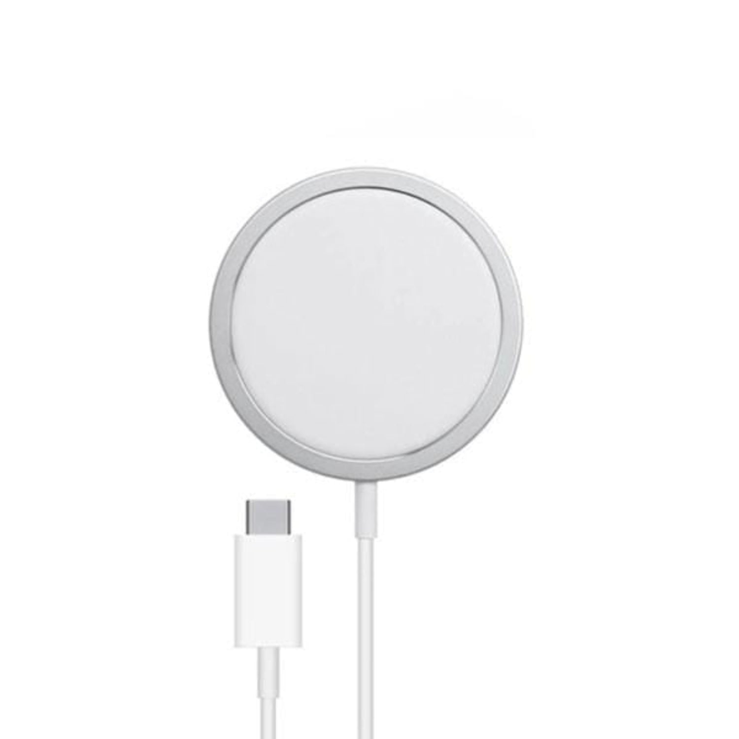 Round magnetic charging pad with USB-C cable on a white background