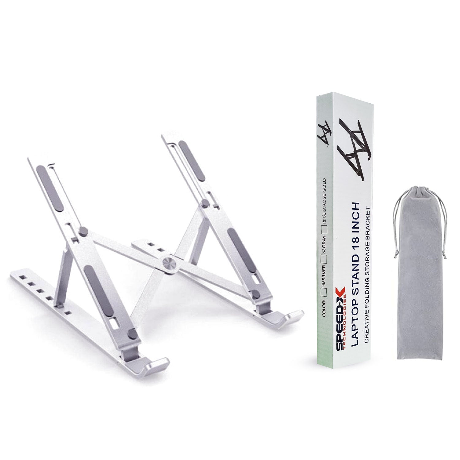 SpeedX laptop stand with packaging and carrying pouch on a white background.