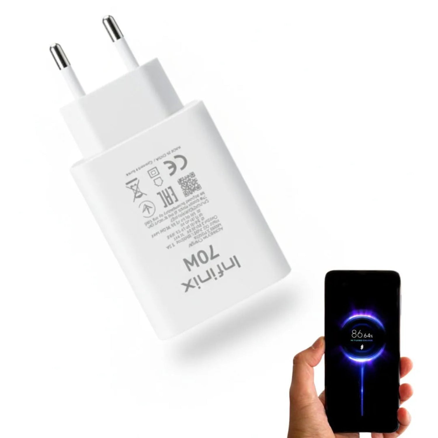 White charging adapter with a hand holding a smartphone displaying a charging app on a white background