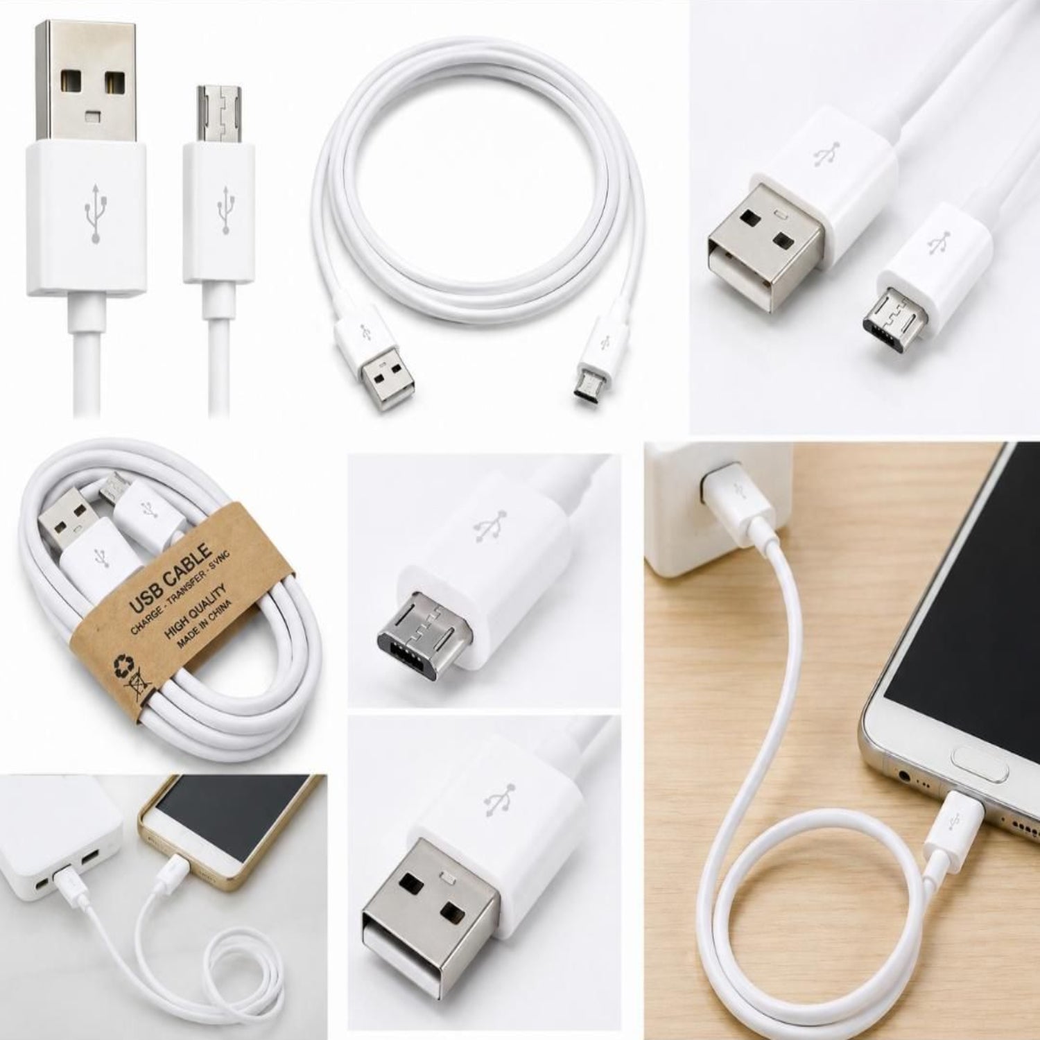 A collage showing a white USB to Micro-USB charging cable in multiple views, including close-ups of the connectors, a coiled cable, and the cable connected to a smartphone on a wooden surface.