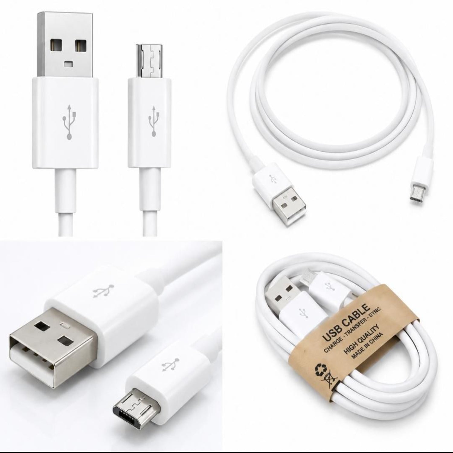 White USB cable set with USB-A to Micro-USB and USB-C connectors, shown in multiple views including a coiled cable, close-up connector details, and the cable wrapped in a kraft paper band.