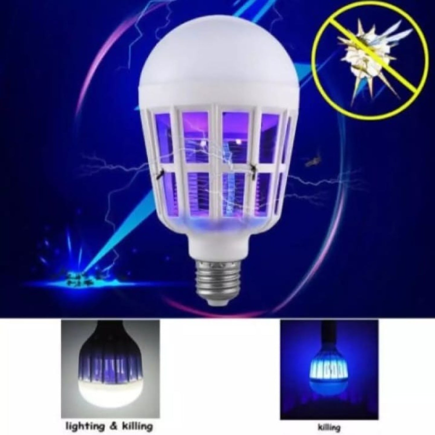 A white electric bug lamp with a protective cage and glowing purple internal light, shown on a dark blue background with lightning effects and inset images demonstrating lighting and killing bugs.