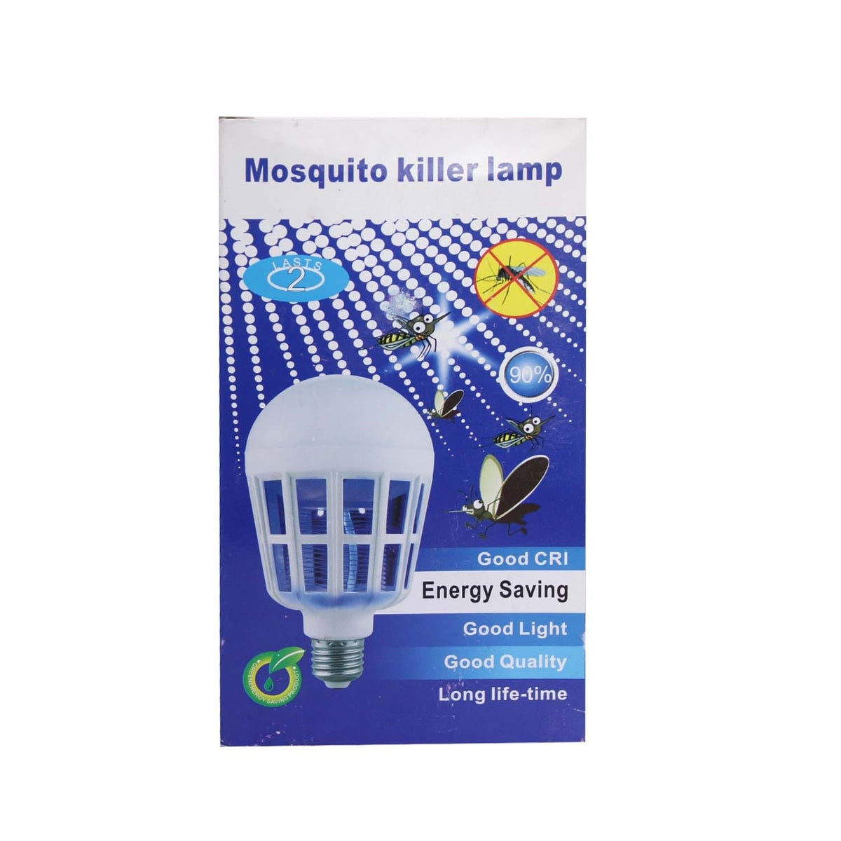 A boxed mosquito killer light bulb product on a plain white background. The package shows a white bulb with blue internal elements, mosquito illustrations, and text including 'Mosquito killer lamp,' 'Energy Saving,' and 'Good Light.