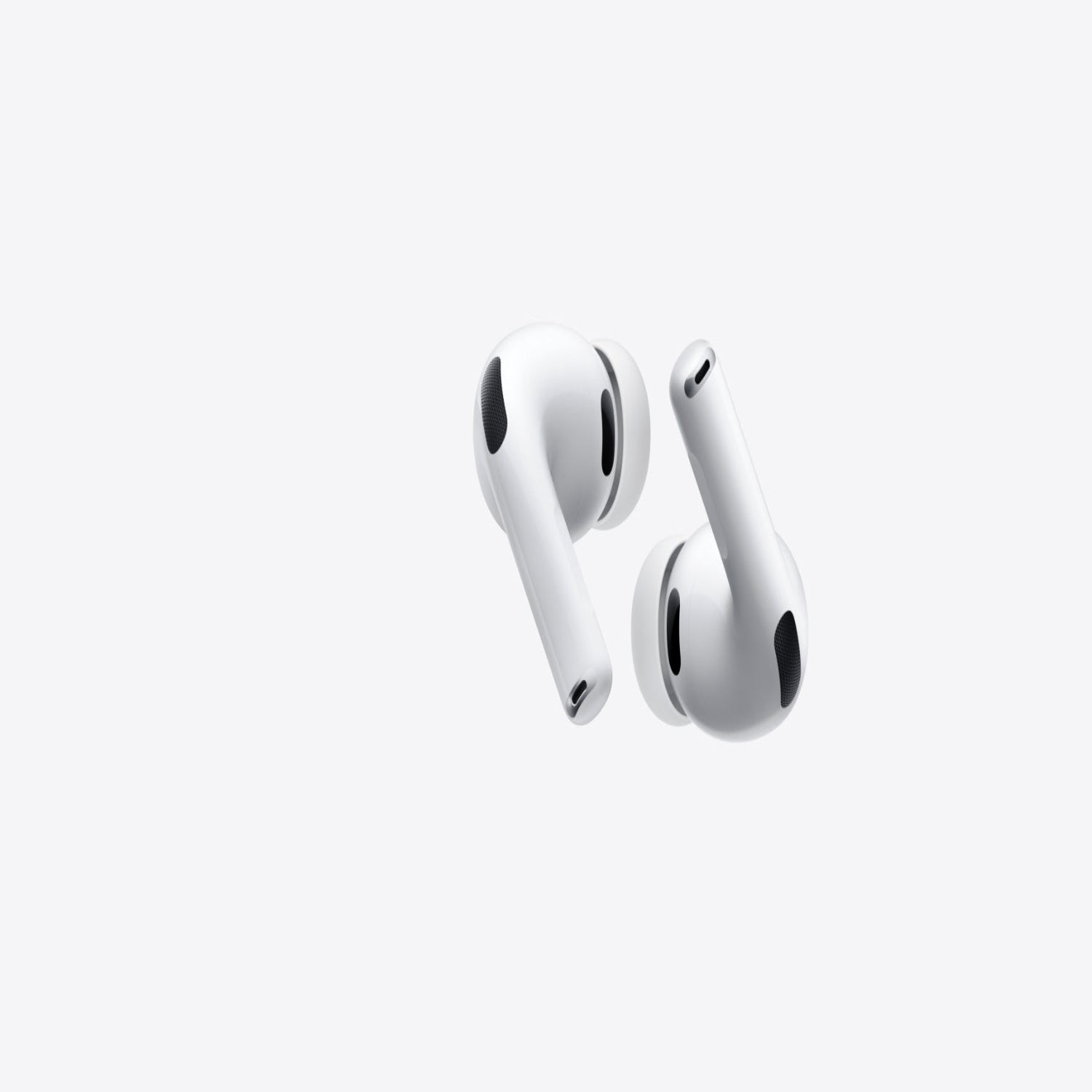 White wireless earbuds on a light gray background.