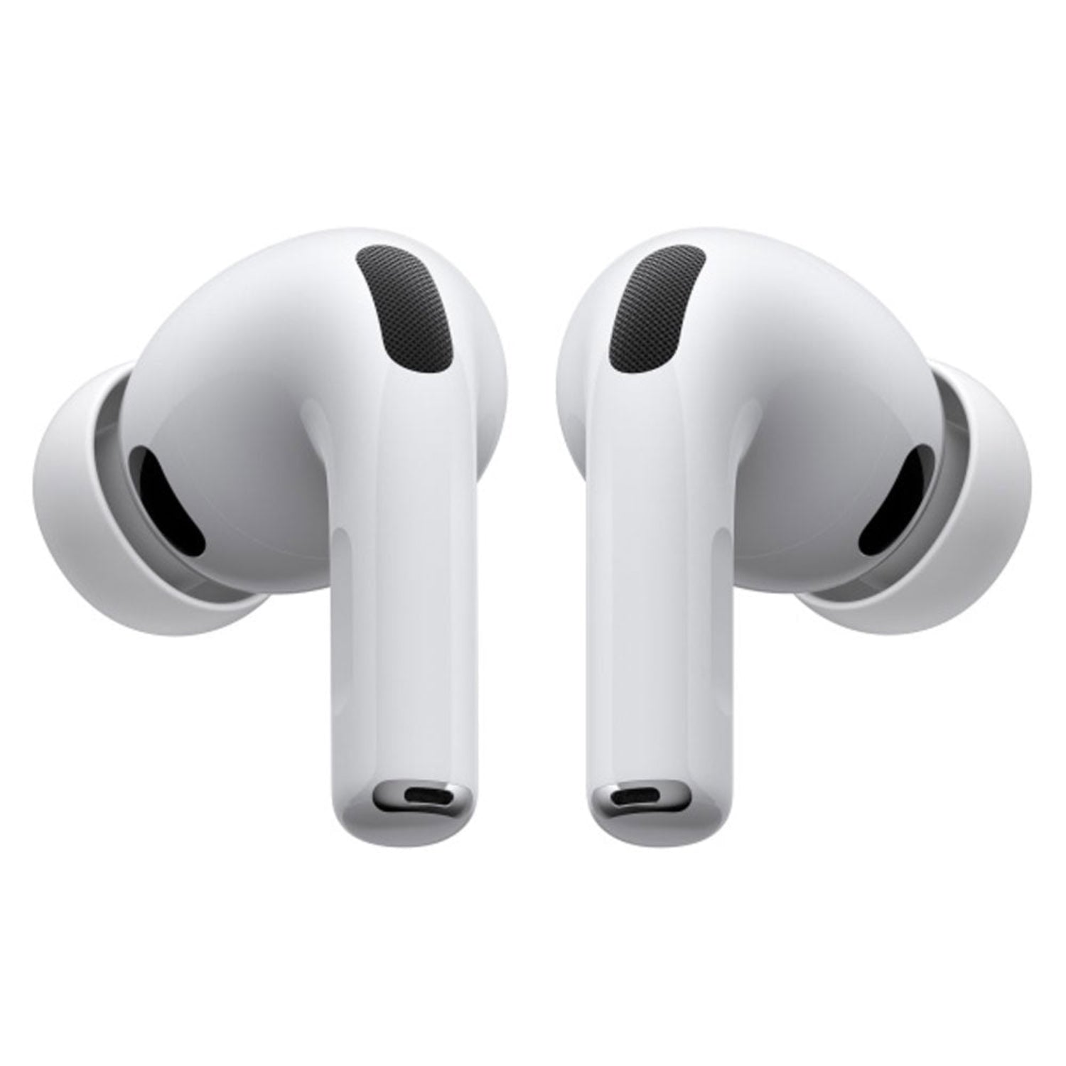 A pair of white wireless earbuds shown from the back, featuring a glossy finish, a black speaker grille, and a USB-C charging port, set against a solid white background.