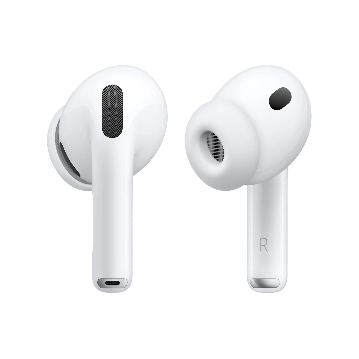 White wireless earbuds on a white background.