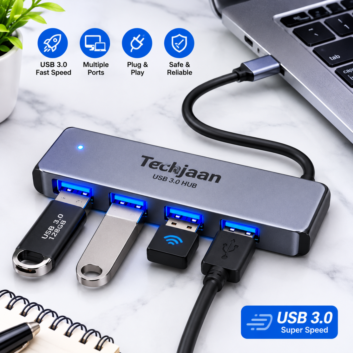 Teckjaan USB 3.0 hub with multiple USB ports, shown connected to a laptop on a marble desk with various USB drives plugged in.