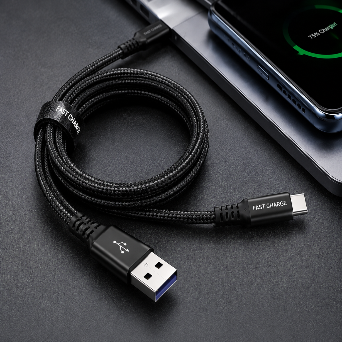 A black braided USB-C to USB-A charging cable coiled on a dark surface, with one end connected to a smartphone showing a charging screen. The cable has 'FAST CHARGE' text printed on the connectors and a black loop band.