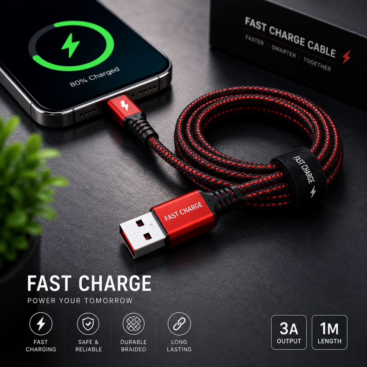 Red and black braided USB-C fast charging cable connected to a smartphone showing 80% charge, with a black product box and feature icons on a dark textured background.