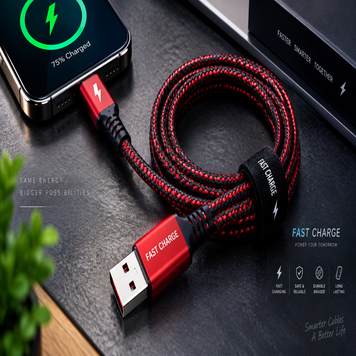 A braided USB-C charging cable with a red and black pattern, shown coiled on a dark textured surface next to a smartphone displaying a 75% charge. The cable has red connector housings with 'FAST CHARGE' text and a black loop label.