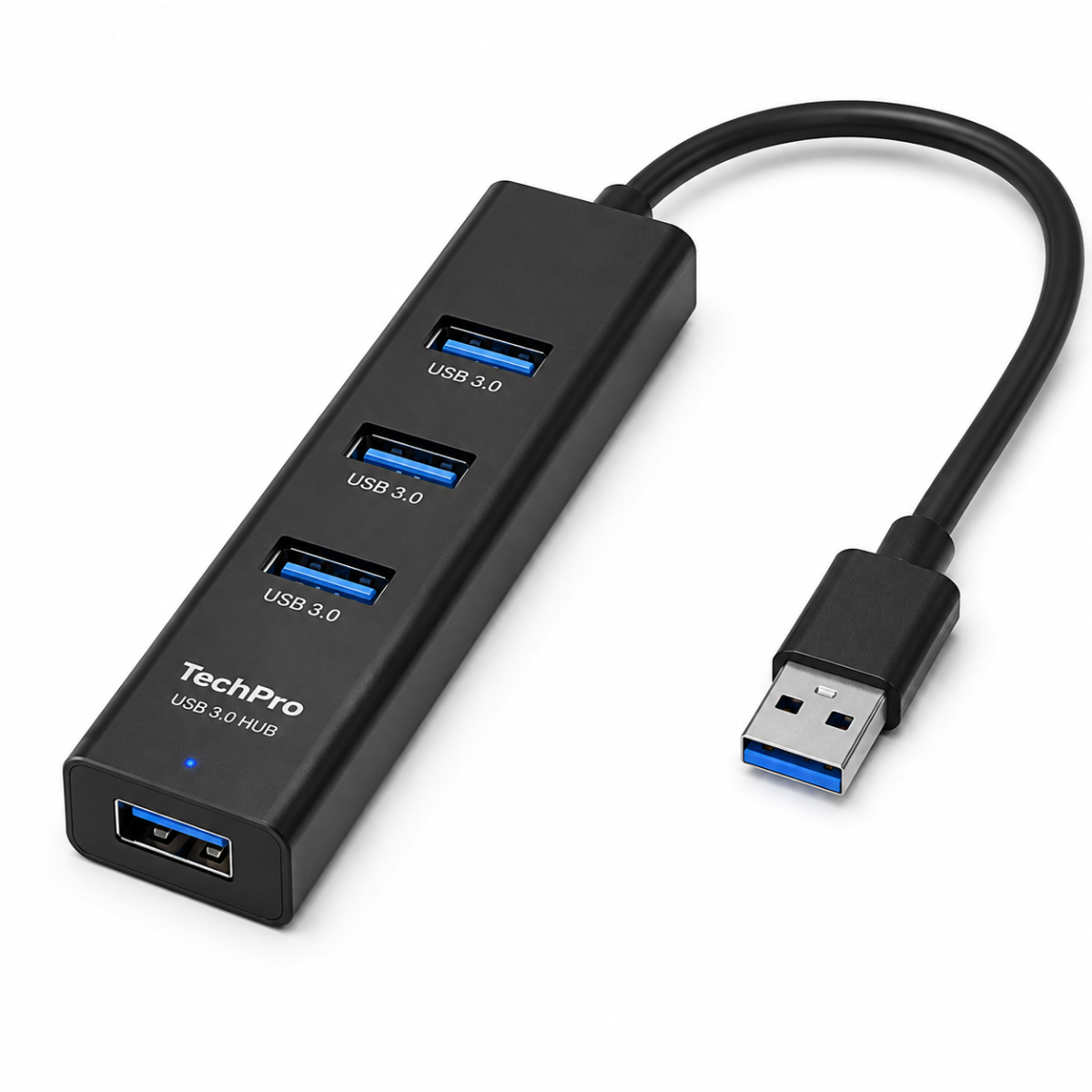 TechPro 4-port USB 3.0 hub adapter with a black plastic body, blue port accents, and a black cable leading to a USB-A connector, shown on a white background.