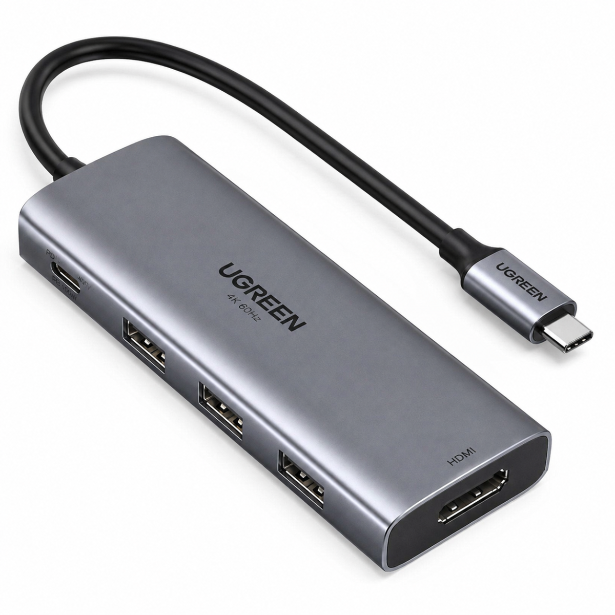 UGREEN 4-port USB 3.0 hub adapter with a built-in USB-C to USB-C cable, featuring a metallic silver aluminum body and black accents, shown on a white background.