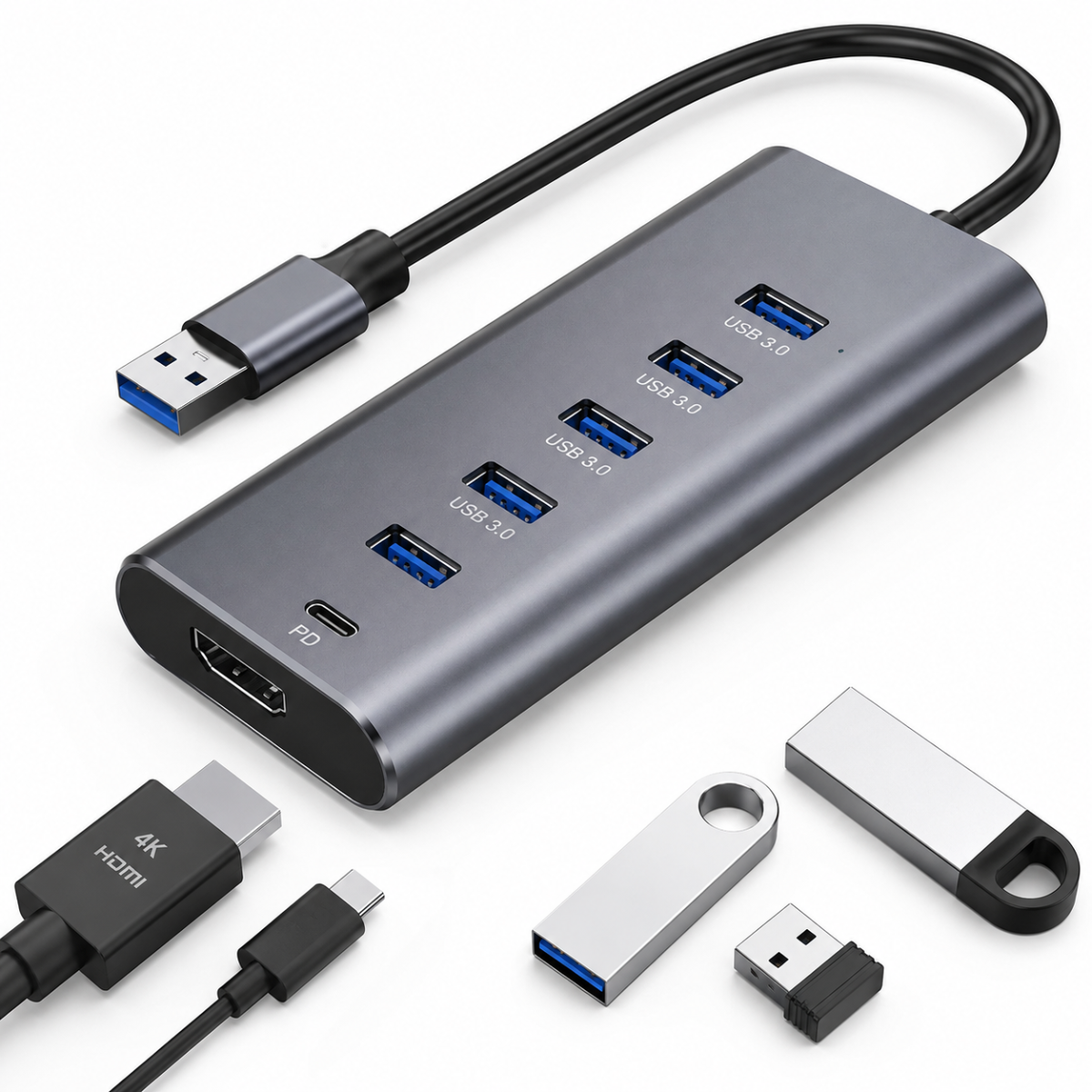 A gray USB hub adapter with multiple USB 3.0 and USB 3.