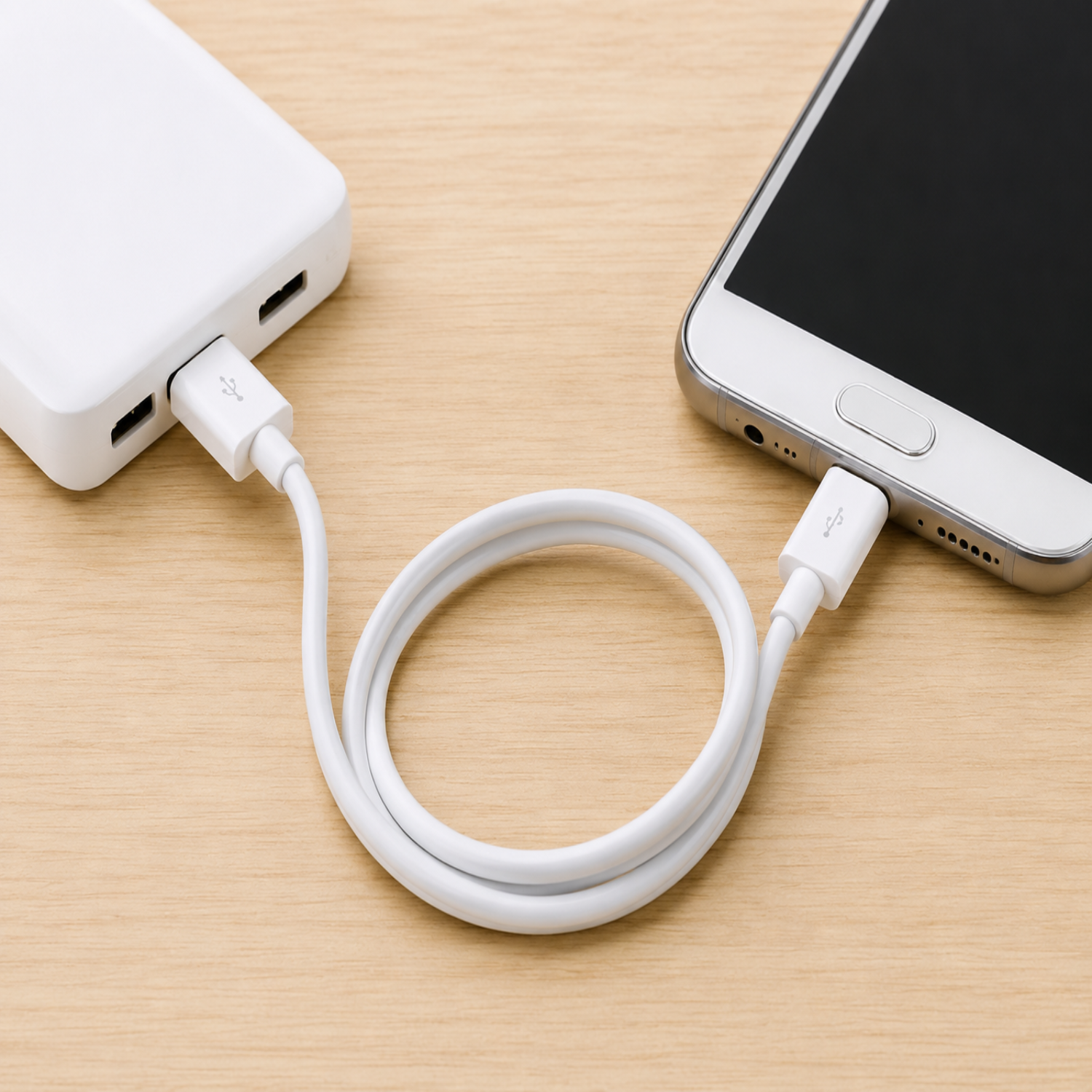 A white USB-C charging cable coiled on a light wood surface, connecting a white power bank on the left to a white smartphone on the right.