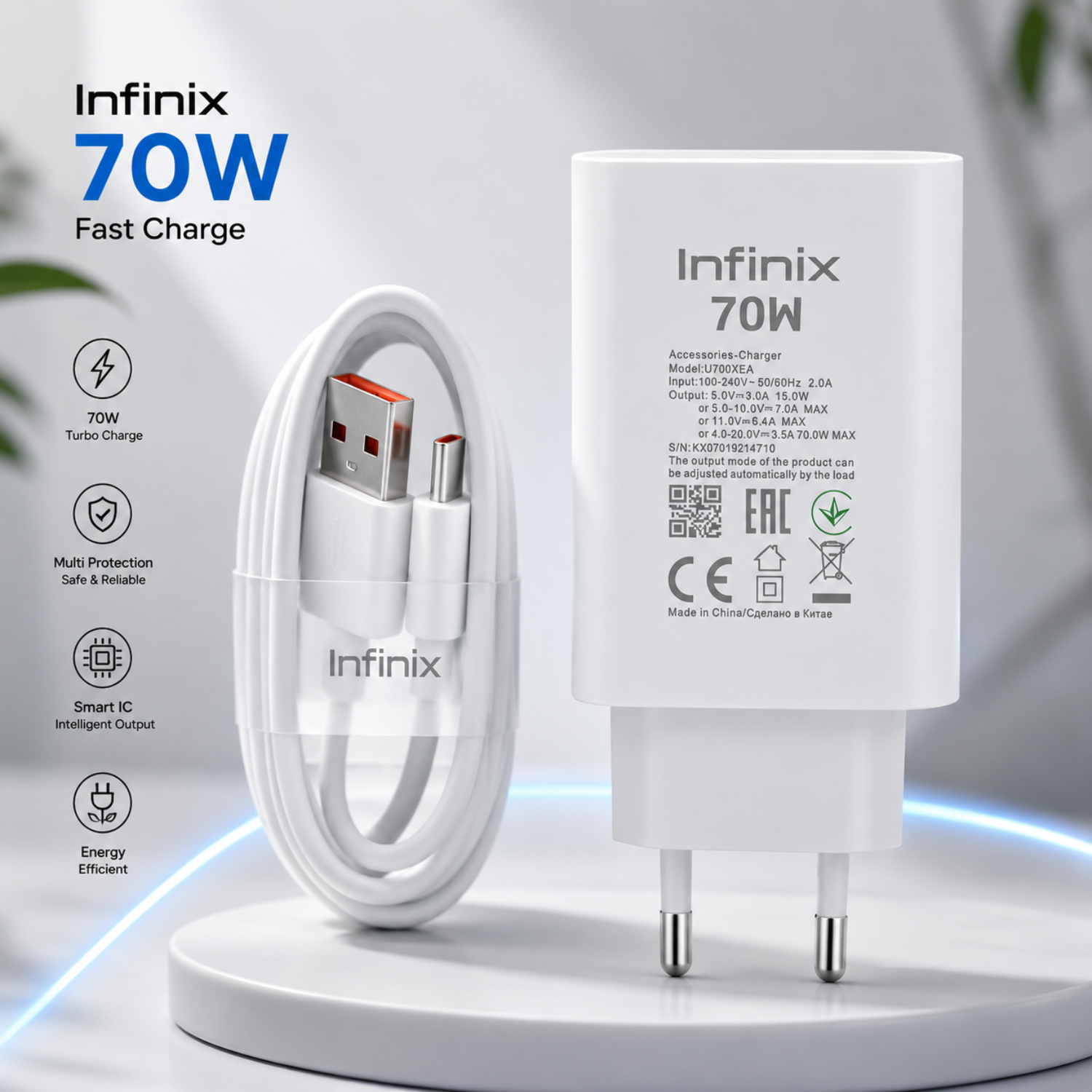 Infinix 70W fast charging adapter and USB-C cable set on a white display stand, with feature icons along the left side.