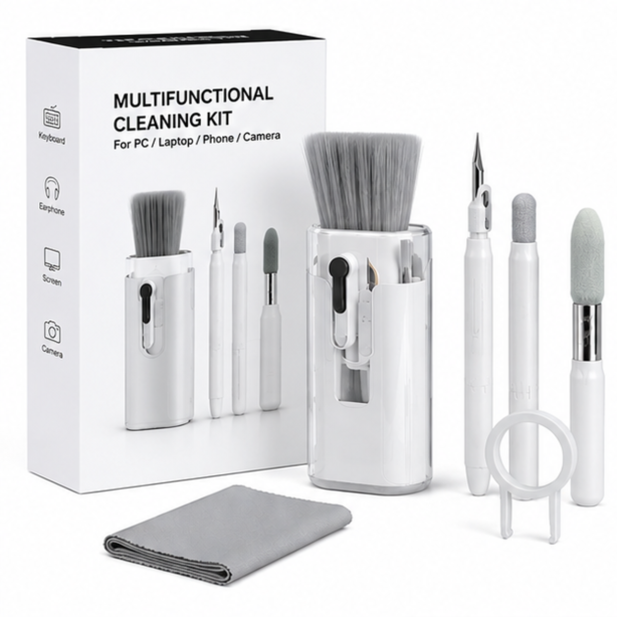 A multifunctional cleaning kit displayed with its white retail box on a clean white background. The kit includes a clear cylindrical holder with a gray bristle brush, several white cleaning tools with silver metal tips, a folded gray microfiber cloth, and a small white stand.