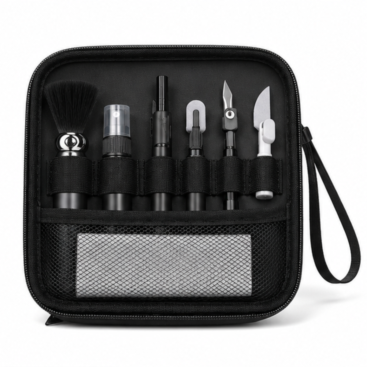 A black zippered beauty tool kit with six different grooming or skincare tools arranged in elastic loops inside a mesh-lined case, shown on a white background.