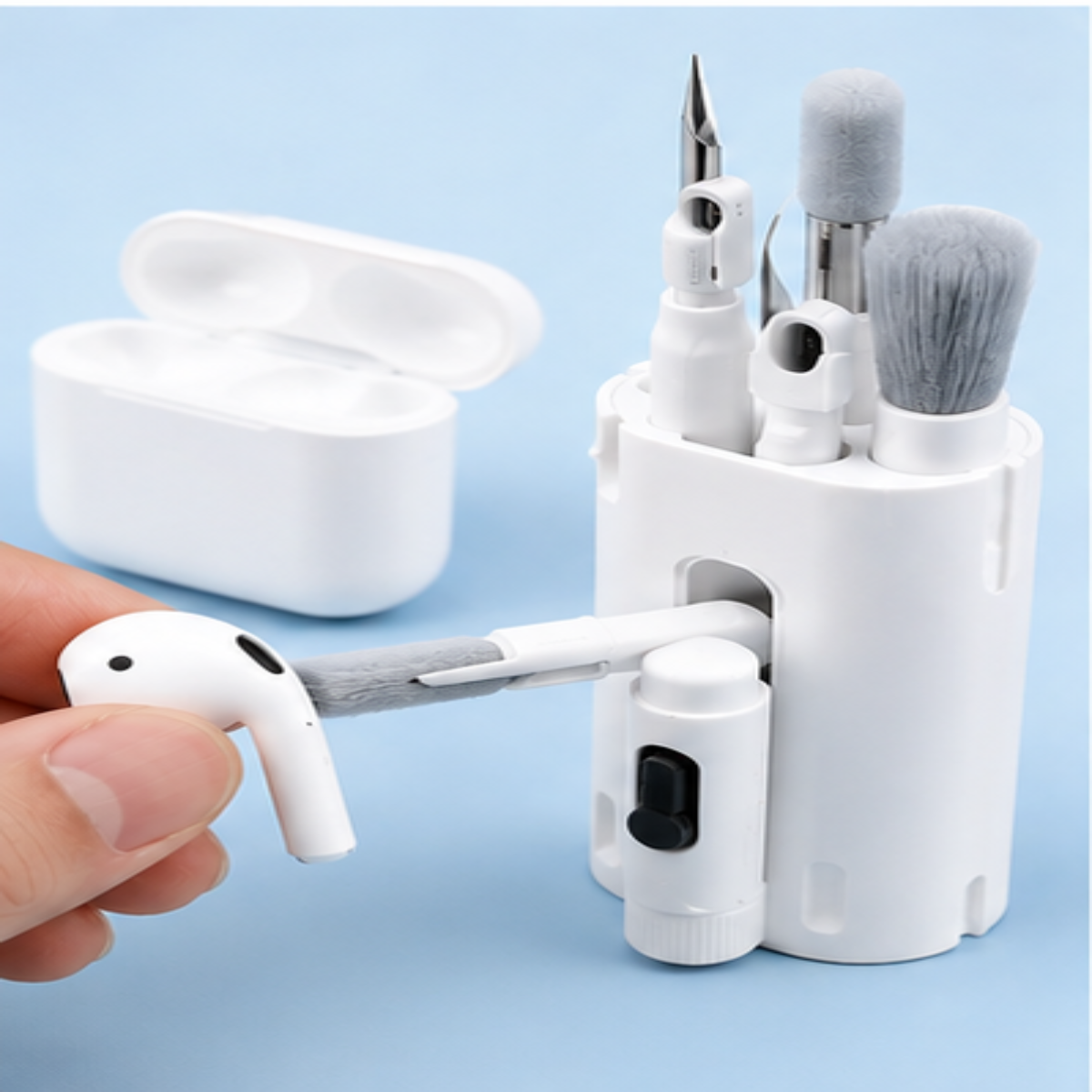 A white multi-tool earbud cleaning set with several mini tools, including a brush and metal picks, shown alongside a white earbud charging case. A hand is holding a small white earbud tool with gray bristles, demonstrating use against a light blue background.