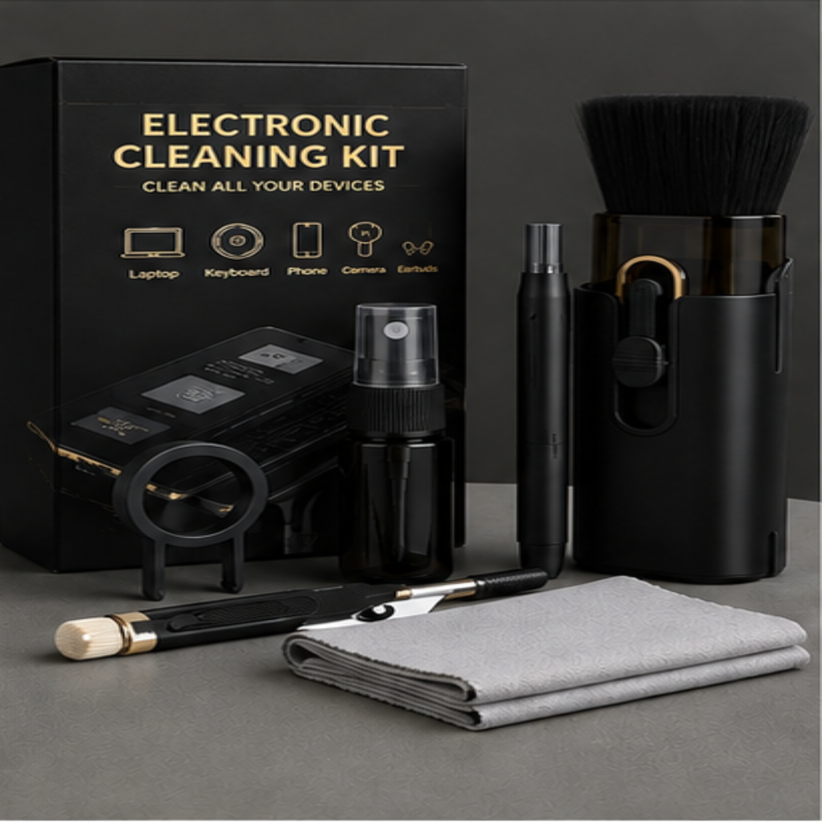 Electronic cleaning kit with a black branded box, spray bottle, brush, pen-like tool, small brush, and a folded gray microfiber cloth on a dark gray surface.