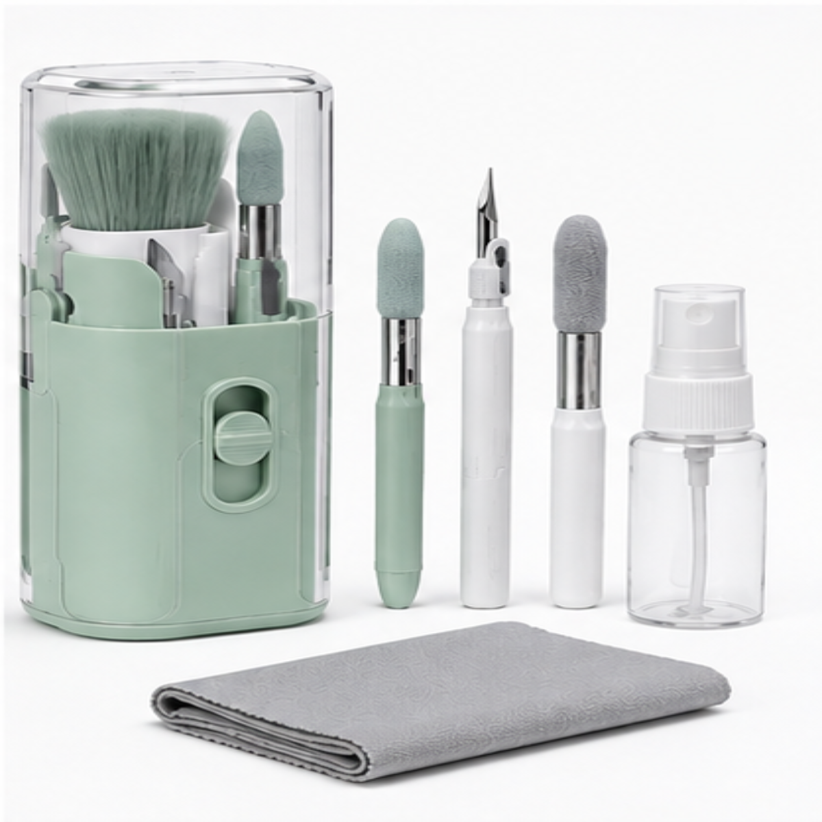 A mint green and white nail care set with a clear cylindrical case, four tools, and a small clear spray bottle, shown with a folded gray microfiber cloth on a white background.