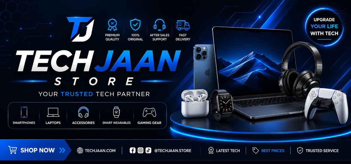 Promotional banner for Tech Jaan Store featuring a laptop, smartphone, headphones, smartwatch, earbud charging case, and game controller on a dark blue tech-themed background with the text 'TECH JAAN STORE' and 'YOUR TRUSTED TECH PARTNER'.