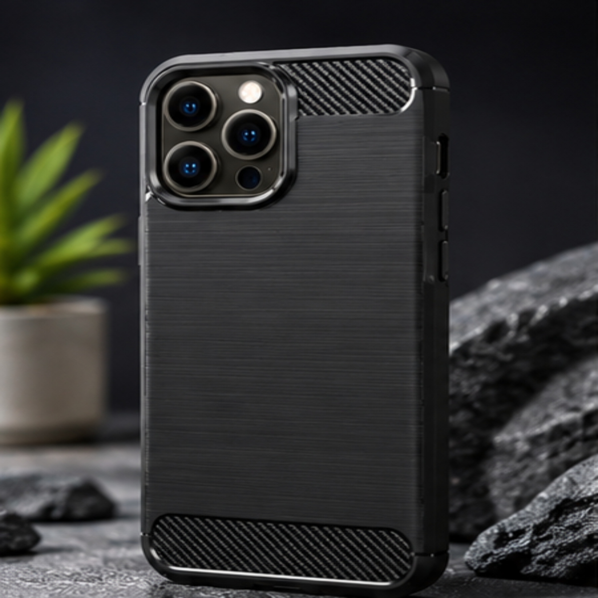A black carbon-fiber-texture phone case with a raised camera bumper, shown standing upright on a dark surface with rocks and a small plant in the background.