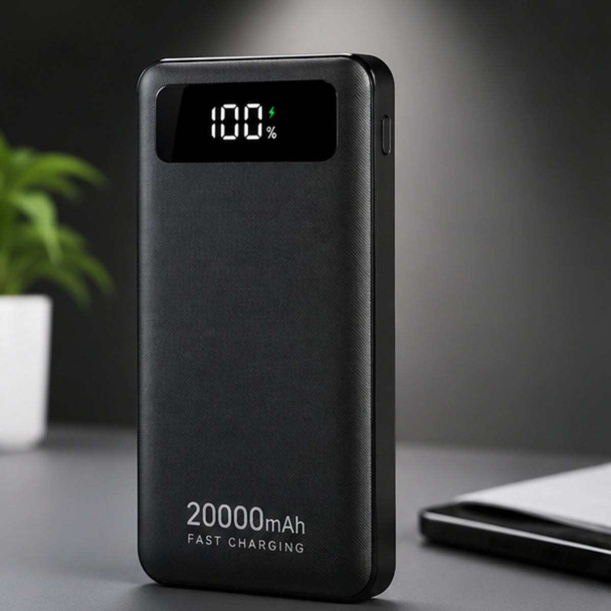 A black portable power bank with a textured finish, featuring a digital display showing 100% battery level and '20000mAh FAST CHARGING' printed on the front, set on a dark gray surface.