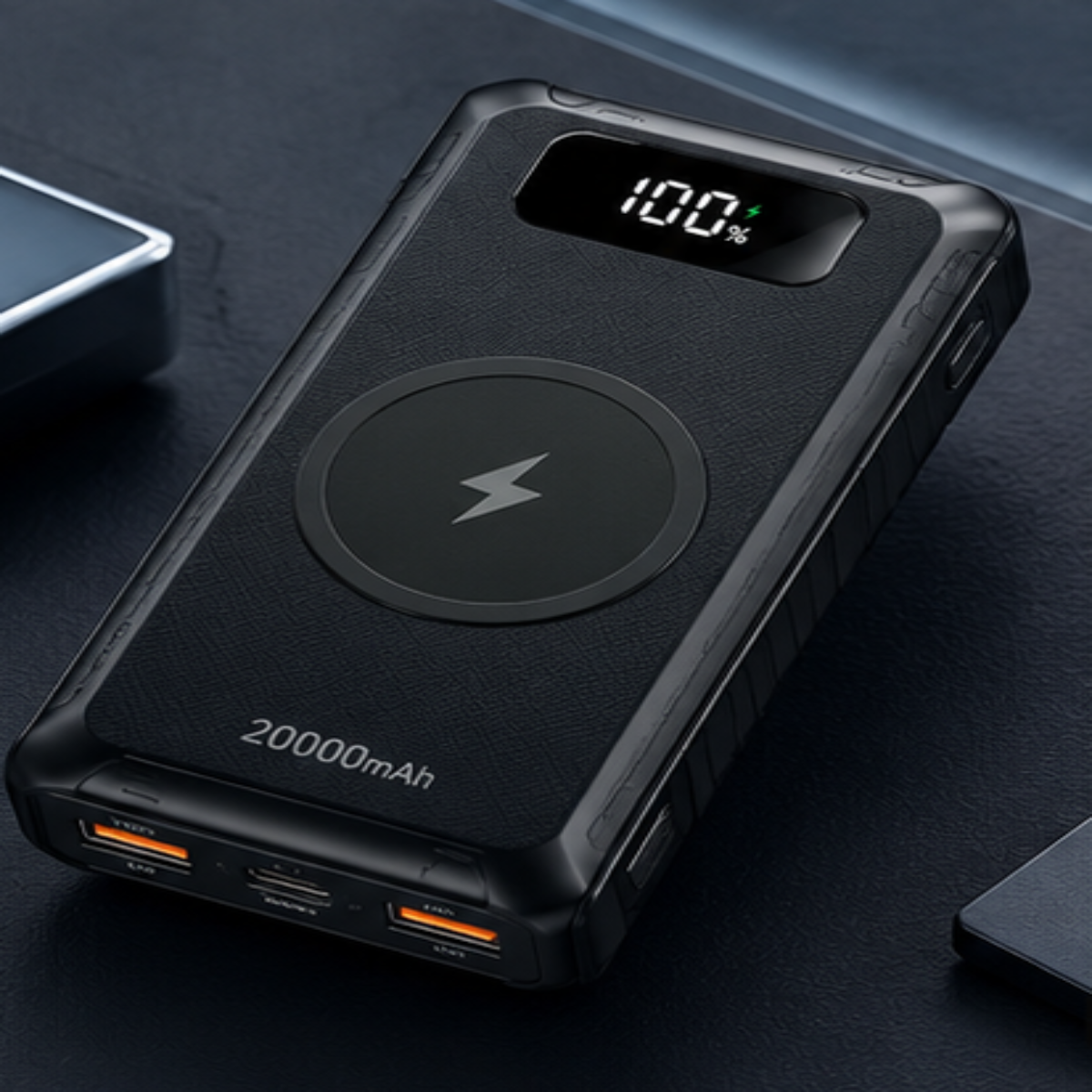A black 20000mAh portable power bank with a textured finish, featuring a digital battery percentage display showing 100%, a large circular wireless charging symbol, and multiple USB-C ports on the front, set against a dark textured background.