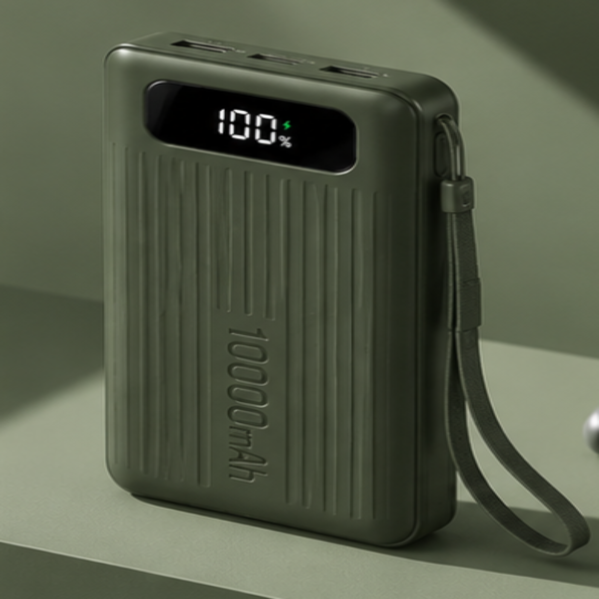 An olive green portable power bank with a digital battery display showing 100% and the text '10000mAh' embossed vertically on the front. It features a wrist strap and is shown resting on a matching olive green surface.