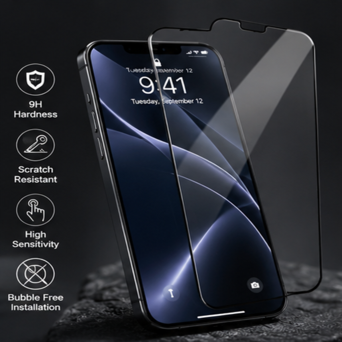 Two clear tempered glass screen protectors shown over a black smartphone on a dark textured surface, with feature icons and text listing 9H hardness, scratch resistance, high sensitivity, and bubble-free installation.